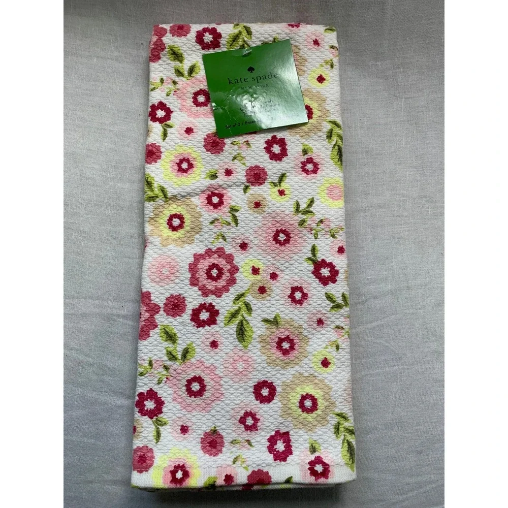Kate Spade Kitchen Towels Set of 2 Floral Pink Yellow 100% Cotton NEW#572‎